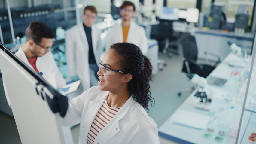 Medical Science Laboratory: Beautiful Black Female Scientist Writes Detailed Project Data Analysis on the Board, Her Diverse Team of Colleague Listens. Young Scientists Solving Problems. Elevated Shot Royalty-Free Stock Footage #1065136711