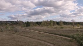 Flying over a wide field of green trees in the distance. Above the horizon, there is a blue sky with thick white clouds. Warm summer day. Slow motion video. View from above. Soft light. 4K.
