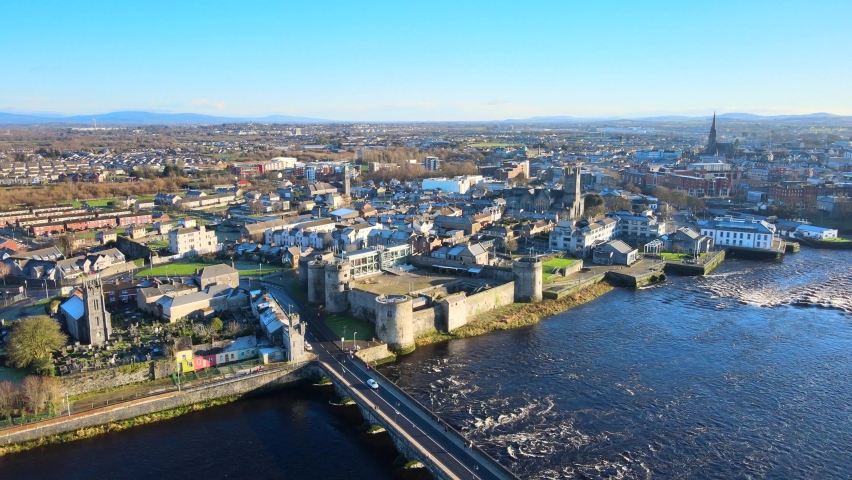 Aerial view over Limerick City in Republic of Ireland. There are number of eye-catching landmarks in Limerick such as Thomond Bridge,  King John