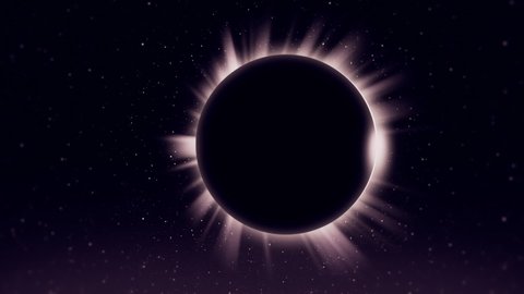 Stellar space animation of a total solar eclipse with sun sunflares around shadowed moon. 
