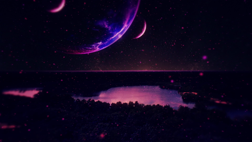 Alien planet with two satellites over a lake surrounded by forest. Violet color palette. Dreamy particles effect. Royalty-Free Stock Footage #1065157633