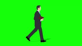 Walking business man cartoon animation. Loop animation ( 4K video ). green background for  transparent use.