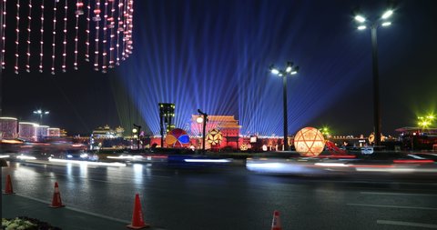 Xian, Shaanxi, China-February 7, 2019:Xi 'an city holds a city light show at south city gate to celebrate the Spring Festival in 2019. Xian is the ancient capital of China, now  a internet celebrity.