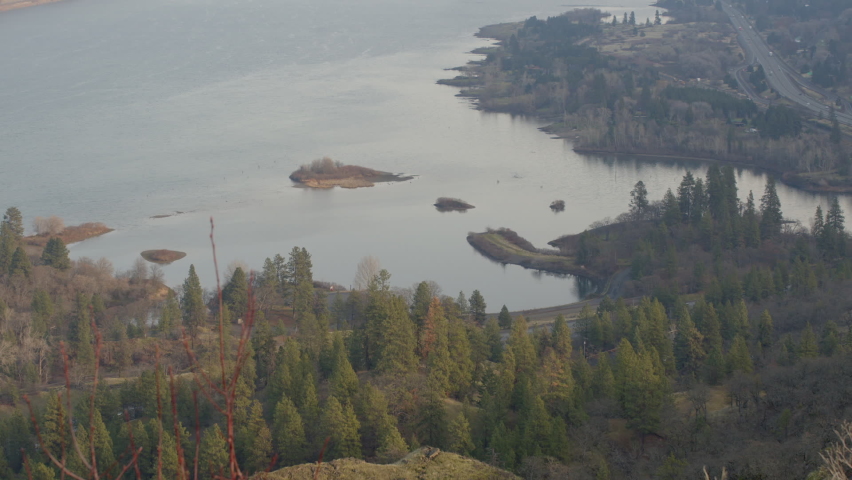 Looking Down the Columbia River Gorge from Rowena Crest on Grey Winter Day - Shallow DOF