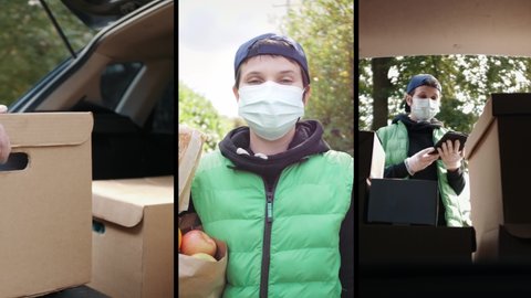 Collage of delivery during pandemic of coronavirus, courier in medical mask and gloves safety grocery shopping and delivery. Collage of life during quarantine and coronavirus epidemic.