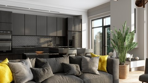 3d Rendering of Modern Living Room And Kitchen Interior