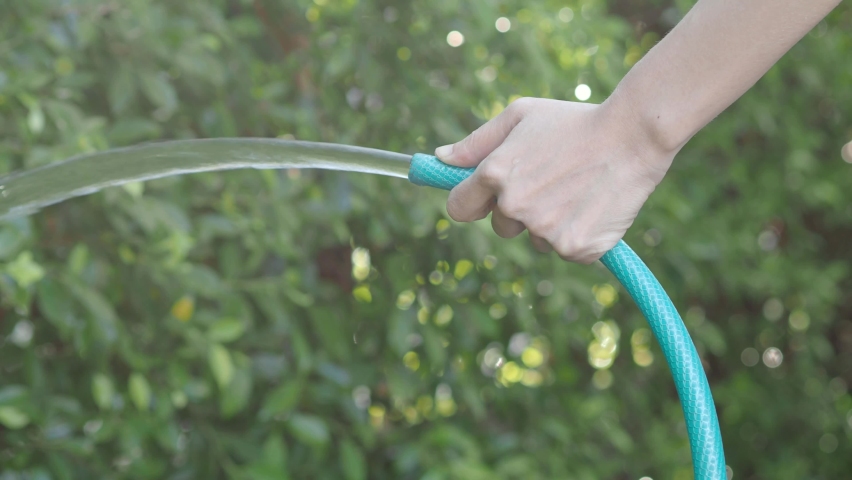 Watering a tree. Woman gardener with hose for watering the plants and trees in home garden. Woman arms are using water spraying hoses. Injection of water from rubber tube. Watering the plants backyard Royalty-Free Stock Footage #1065180916