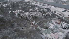 Aerial drone view of people meeting up outdoors during Covid-19 one snowy winter day on the Swedish west coast.