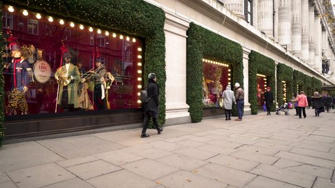 LONDON UK - MAY 24, 2018. Selfridges Oxford Street, London's retail street christmas shopping lights day time