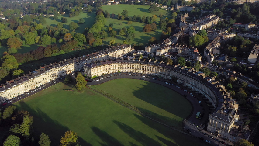 Aerial view over the Georgian city of Bath, Royal Victoria Park and Royal Cresent, Somerset, England
