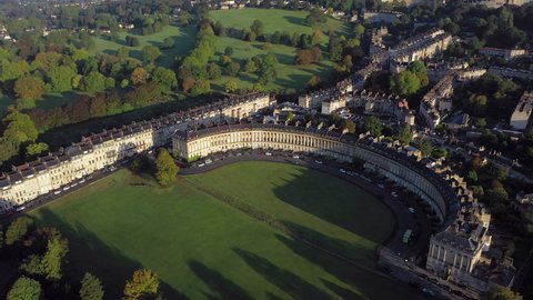 Aerial view over the Georgian city of Bath, Royal Victoria Park and Royal Cresent, Somerset, England