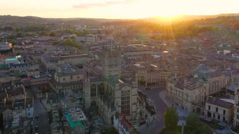 Georgian City of Bath and Bath Cathedral at sunset, Somerset, England  
