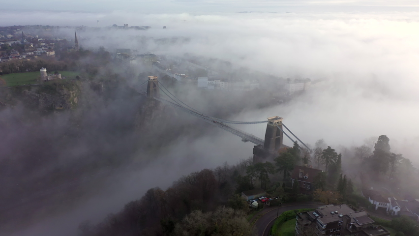 Aerial view over the Avon Gorge and Clifton Suspension Bridge, Bristol, England