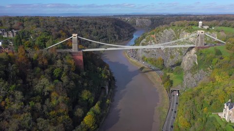 Aerial view over the Avon Gorge and Clifton Suspension Bridge, Clifton, Bristol, England
