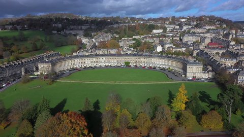 Aerial view over the Georgian city of Bath and the Royal Crescent, Somerset, England