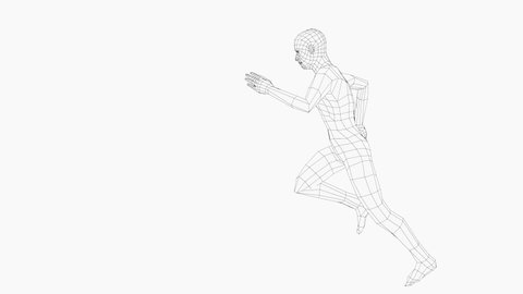 Wireframe running man, seamless loop animation. 3d rendering