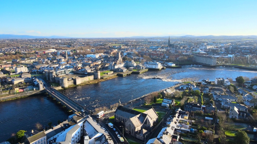 Aerial view over Limerick City in Republic of Ireland. There are number of eye-catching landmarks in Limerick such as Thomond Bridge,  King John