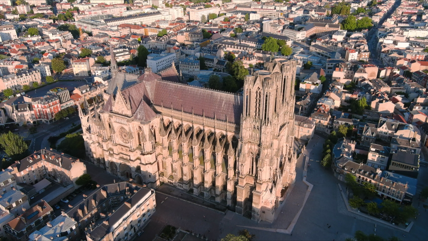 Reims, France: Aerial view of cathedral Cathédrale Notre-Dame de Reims in historic city center - landscape panorama of Europe from above Royalty-Free Stock Footage #1065191647