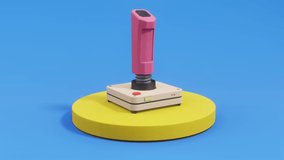 3D Rendering, Joystick on yellow stand, cartoon style. Game joystick on a blue background