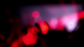 Blur footage of music festival at night club in slow motion. Defocused video of dancing and jumping people with hands up at a concert illuminated by flashing lights. Close-up of fans at a performance.