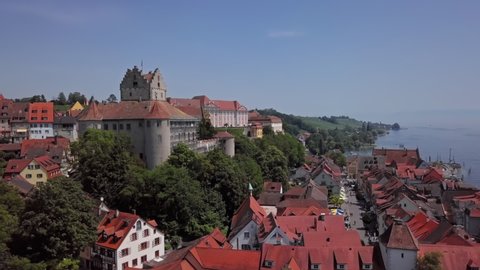 Aerial panorama of Meersburg old town on Lake Constance (Bodensee), Germany. 2.5x speeded up from 24 fps.