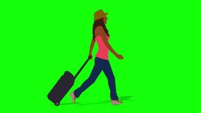 Walking black woman with travel bag cartoon animation. Loop animation ( 4K video ).green background for background transparent use.