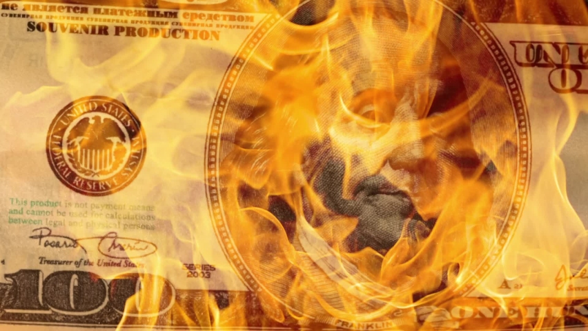 USA dollar bill money is burning in the fire, the concept of the economic crisis of inflation and currency devaluation. Royalty-Free Stock Footage #1065223204