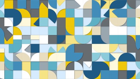 Geometric pattern loop. Circles, squares animation. Modernist abstract background. Bauhaus Design style. Blue, white, grey, yellow.