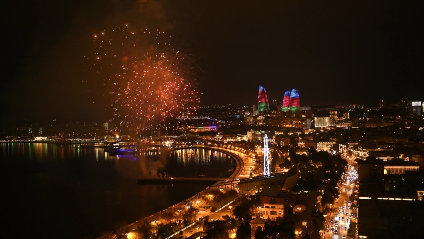 Fireworks  over the Seaside Boulevard Baku Royalty-Free Stock Footage #1065229123