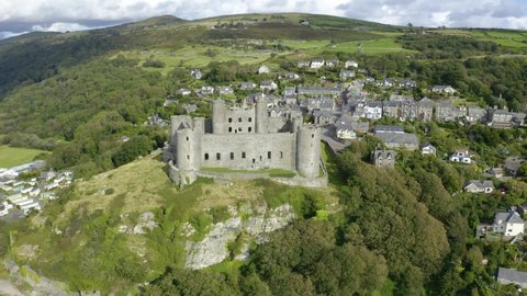 Aerial shot of Harlech Castle in Snowdonia, Wales.