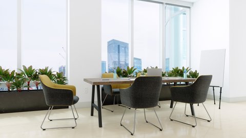3d Rendering of Meeting Room Interior With Green Plants,Conference Table,Yellow Armchairs And Cityscape From The Window.