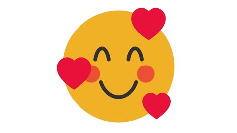 Smiling Face with 3 Hearts Flat Animated Emoji. Smiley Face Icon Animation on White Background. 4K Emoticon Motion Design Video.