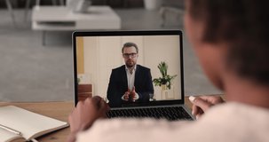 Colleagues negotiating by videoconference concept. African woman talk to bank advisor receive consultation remotely by video call. Help support using virtual meeting, job interview distantly concept