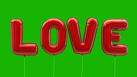 red Balloon foil lettering word love floating in the center of the green screen. love, Valentine's Day, Wedding Anniversary.  3D render.