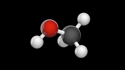 Methanol, also known as methyl alcohol among others, is a chemical with the formula CH3OH (often abbreviated MeOH). 3D render. Seamless loop. Isolated and rotating on black background.