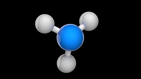 Ammonia (molecular formula: NH3 or H3N) is a colorless alkaline gas. 3D render. Seamless loop. Isolated and rotating on black background. Ball and Stick chemical structure model.