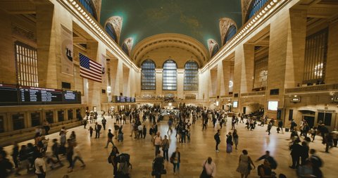 NEW YORK CITY, USA - OCTOBER 1, 2019 Time Lapse of Tourists People Walk in Grand Central Station in New York City Day. High quality cinematic 4k 12bit footage.
