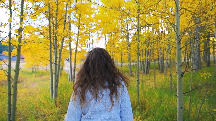 Slow motion pov point of view handheld behind shot of young woman back walking Ashcroft ghost town mining village with yellow foliage aspen trees by Castle Creek road, Aspen Colorado in autumn fall