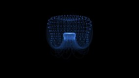 A computer generated undulating jellyfish with blue lines connected to bright nodes undulates to a beautifully flowing pattern. Video is prepared for seamless looping.