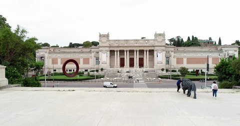 
Aerial drone view of GNAM, Rome, in Italy. National Gallery of Modern Art, in Italy with the lion statues at the entrance.