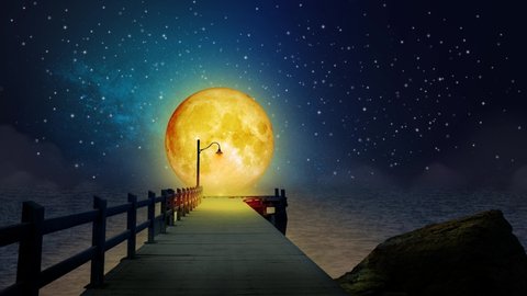 beautiful yellow moon in the lake, night sky, night fantasy, loop animation background.