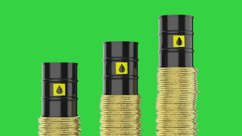 Oil price rising concept with 3d rendering  crude oil barrels and stack of gold coins 4k footage