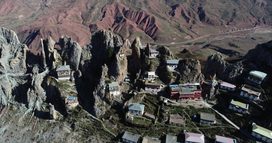 Aerial footage landscape in zizhu temple in Tibet,China