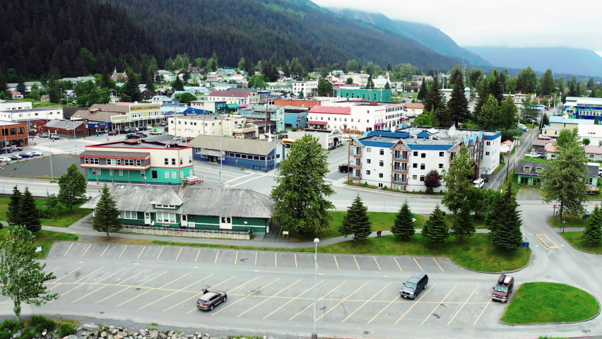 Over downtown and residential homes in Seward Alaska