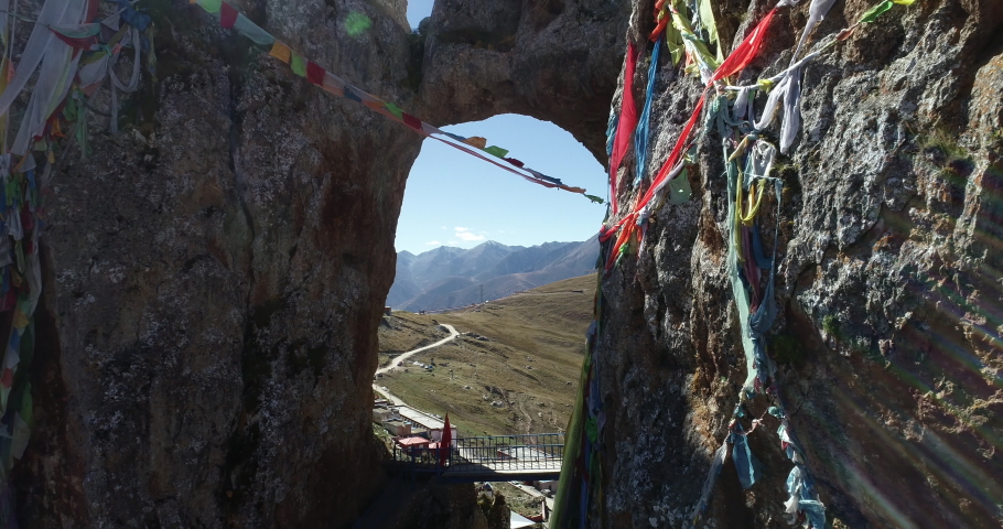 Aerial footage landscape in zizhu temple in Tibet,China