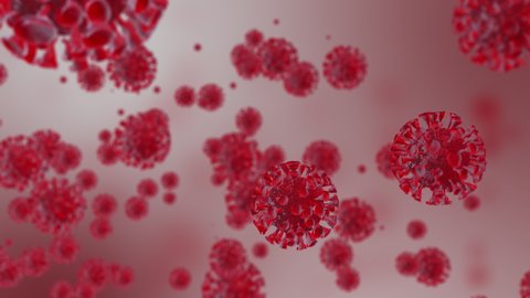 The realistic red virus model and blood cell Coronavirus, COVID-19 medical animation. Coronaviruses influenza as dangerous flu strain cases as a pandemic. Microscope virus close up. 3d rendering.
