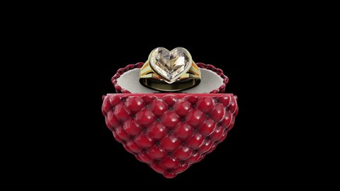 3d rendering motion looping turntable scene of the heart-shaped ring box, close and open, isolated on black background with luma matte section.