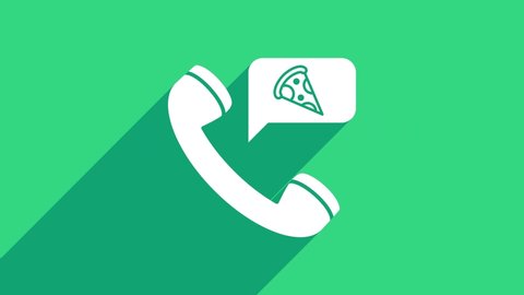 White Food ordering pizza icon isolated on green background. Order by mobile phone. Restaurant food delivery concept. 4K Video motion graphic animation