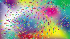 Stylized colorful fish flocks vortex and bubbles on colorful background. Acquarium underwater life seamless loop hd animation.