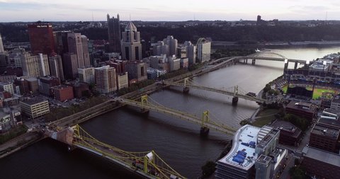 PITSSBURGH, PENNSYLVANIA - SEPTEMBER 28, 2019: Aerial view of Pittsburgh, Pennsylvania. Business district and Allegheny, Monongahela rivers with three bridges in Background